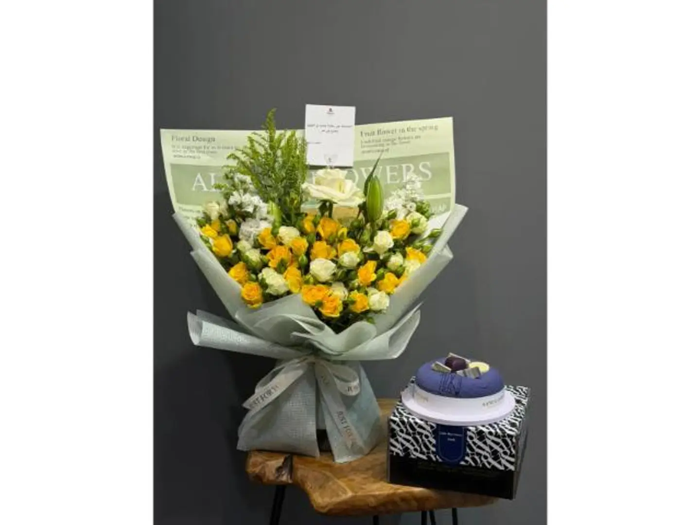 Yellow Bouquet And Blue Velvet Cake