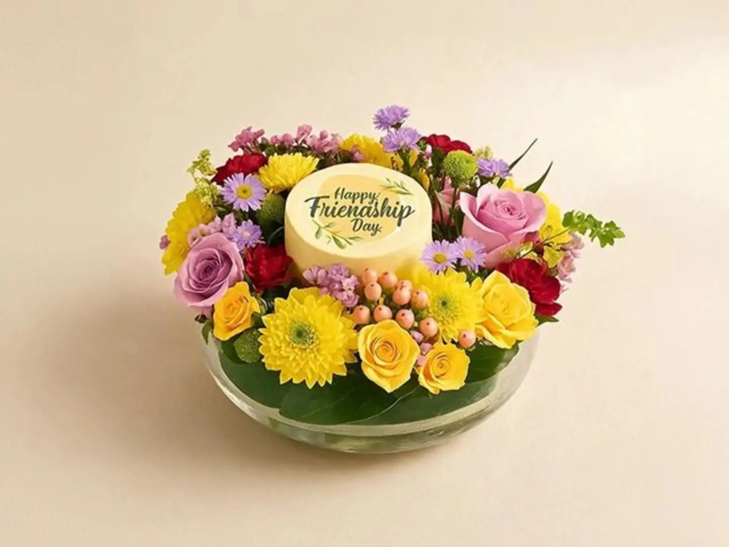 A Vase Of Roses For Friendship Day And A Small Cake.