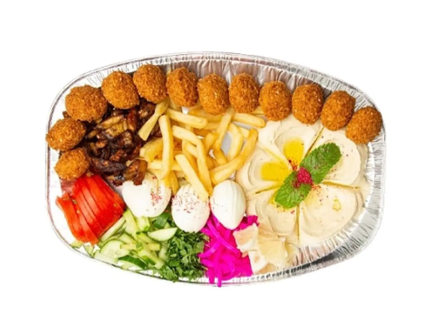Mixed Falafel Plate With Eggs Homus And Frnsh Frize As Shown In The Picture