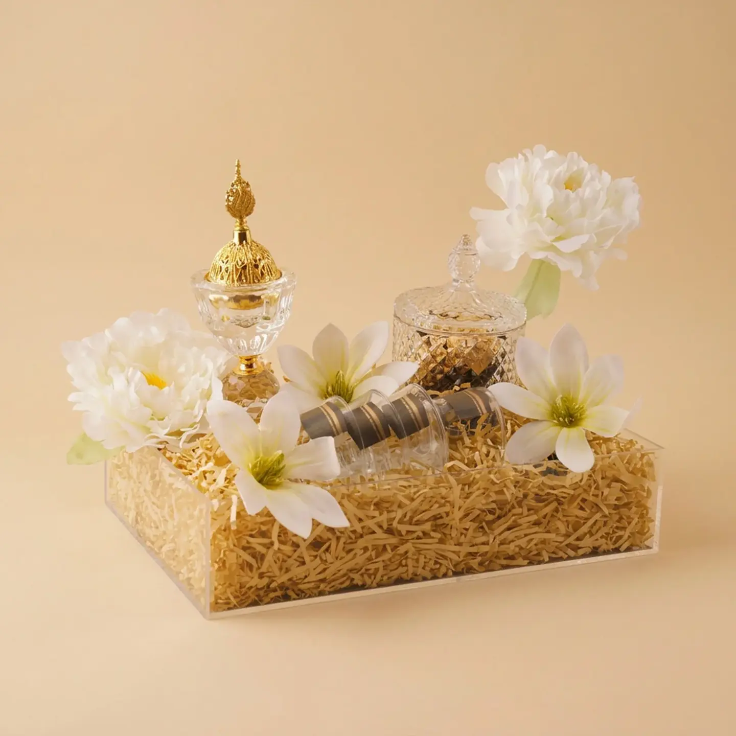 A Tray Of Chocolates And White Roses For Serving.