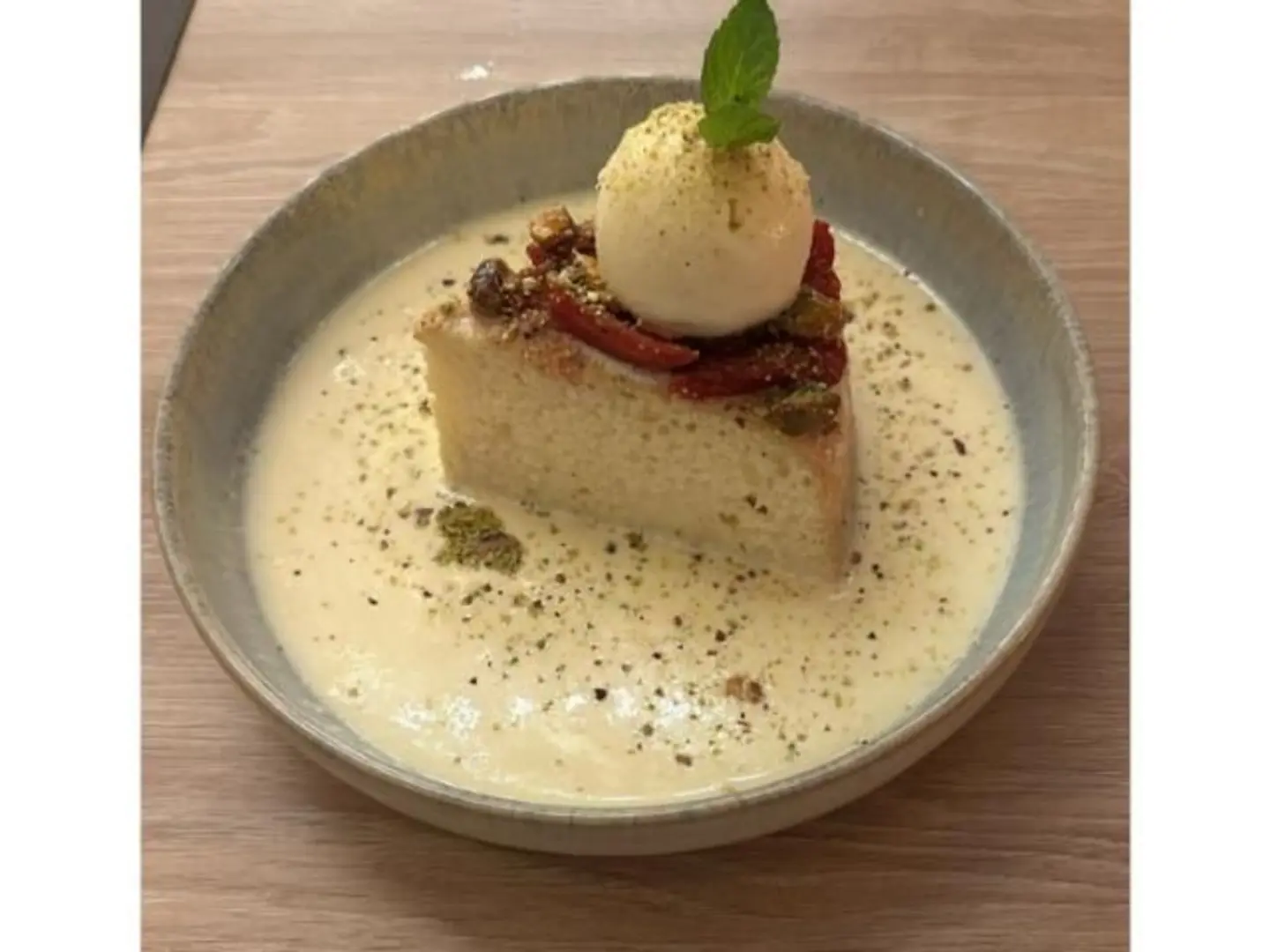 Milky Cake With Pistachio , Strawberry Compote