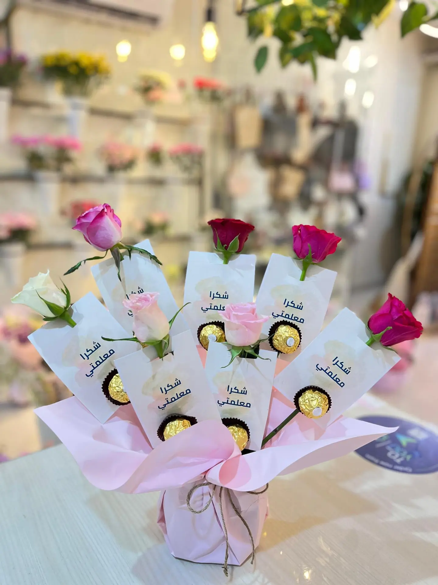 بكج تاقات شكرا معلمتي ورد ملون مع شوكلاته فروشيه