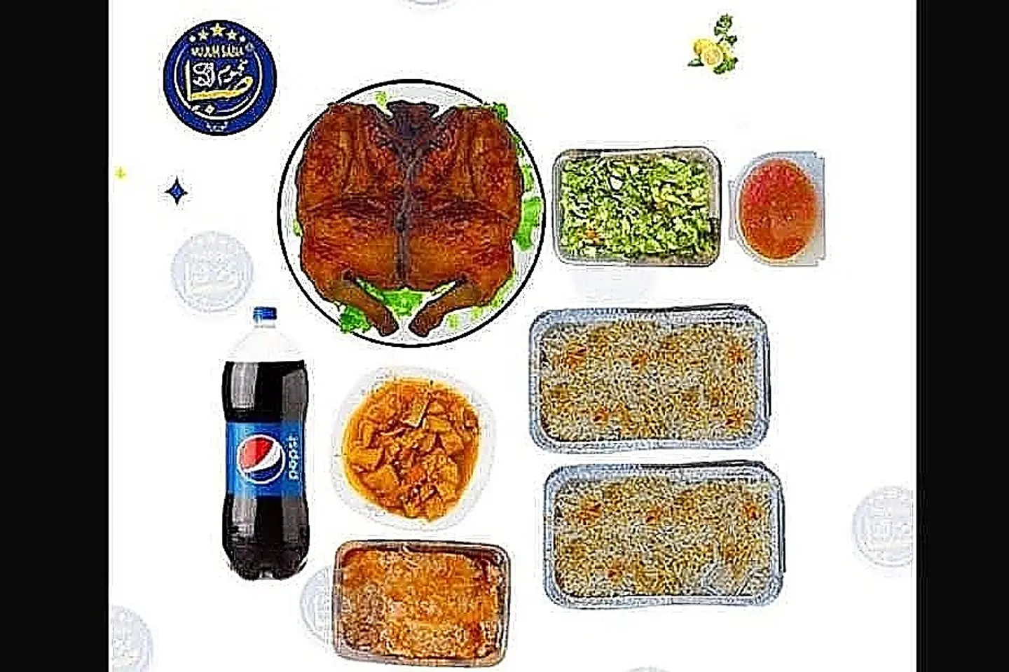 حبه دجاج شوايه + اثنين رز مندي +مرسى كبير + ايدام مشكل + سلطه خضار كبير +سلطه حار + بيبسي عائله