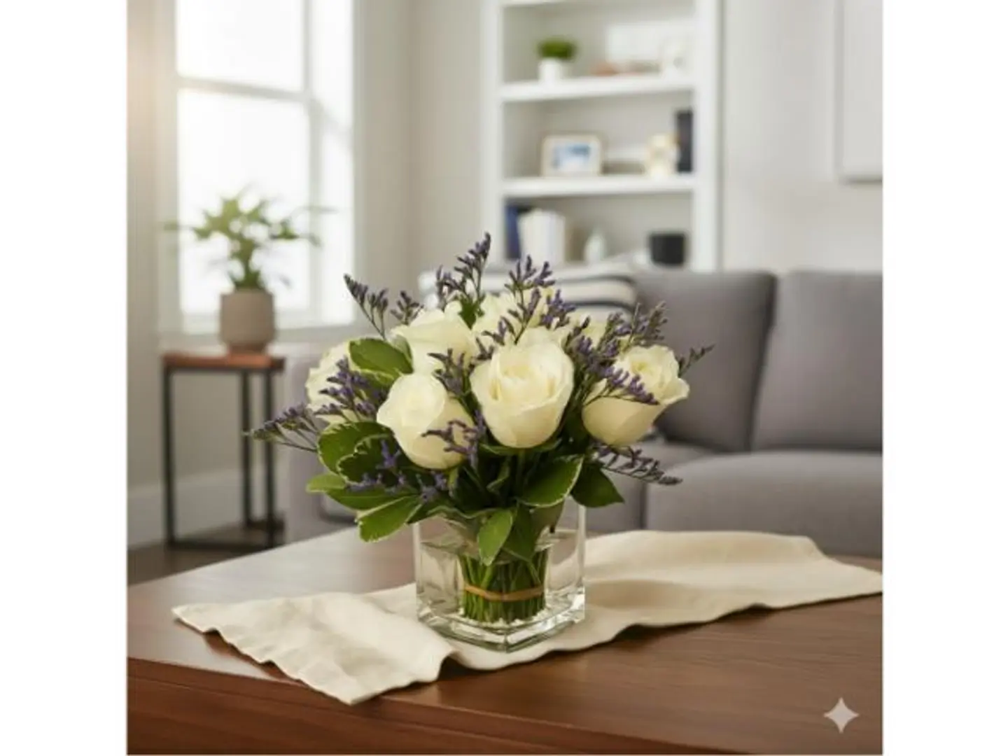 White Roses N Limonium Square Glass Vase