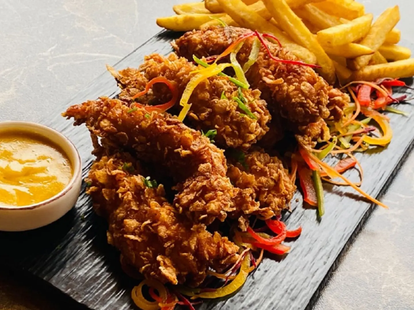 Chicken Strips With French Fries And Honey Mustard Sauce