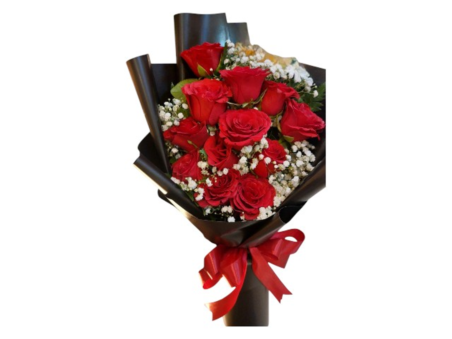 2004 Hand Bouquet With 12 Red Roses With Gypsofiliya