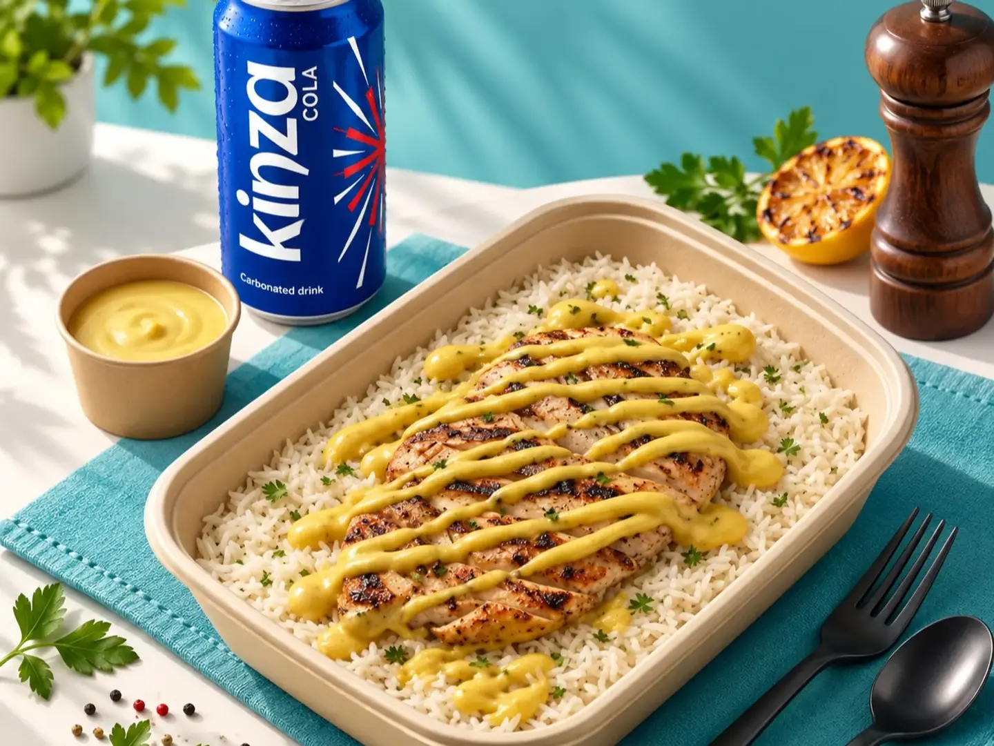 Chicken Rice Honey Mustard + Kinza Cola