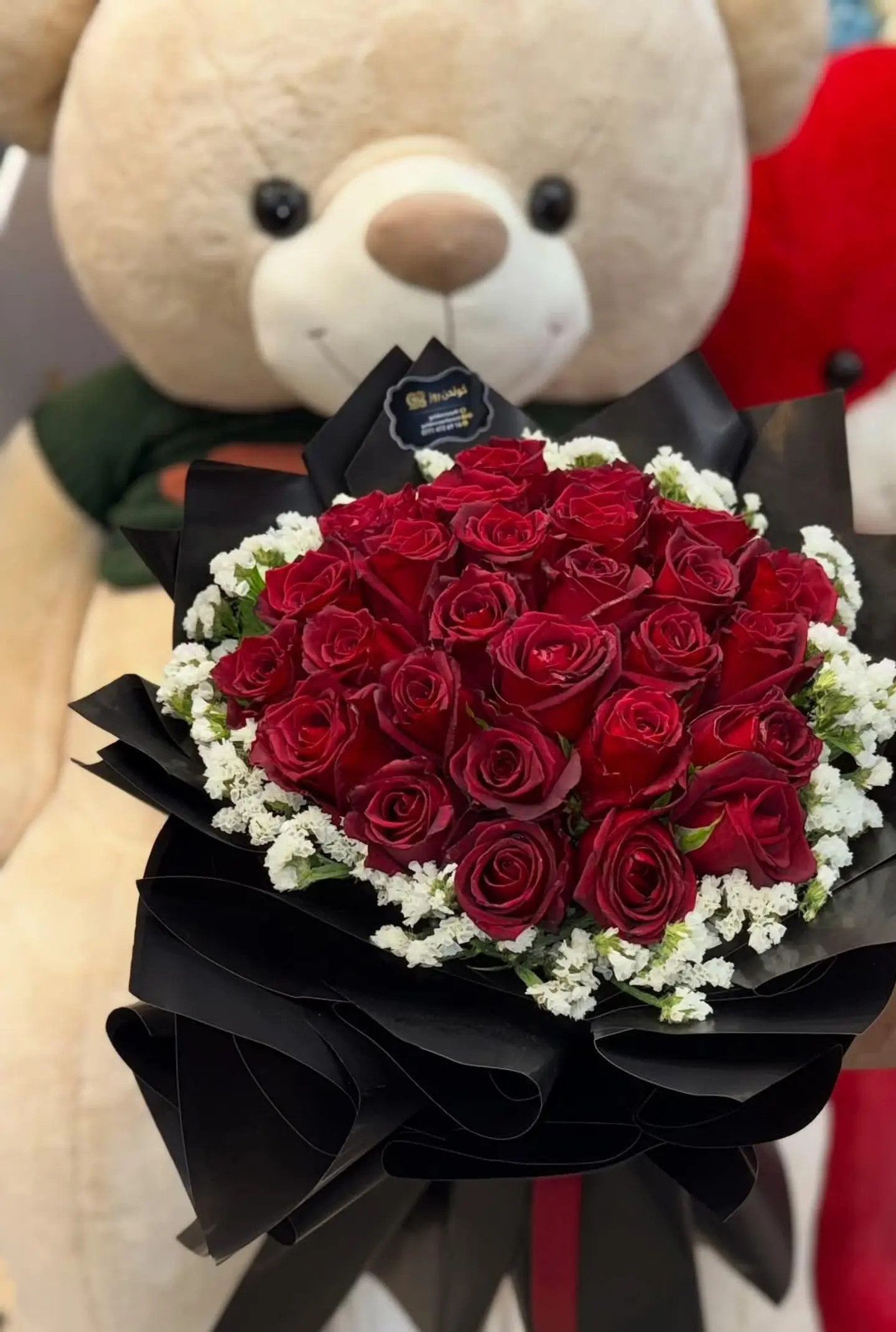 Red Rose Bouquet With Gypsophila And Teddy Bear
