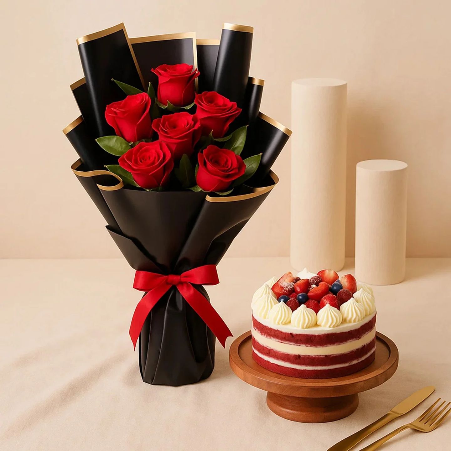 6 Red Roses And Half Kg Red Velvet Cake Combo   Red Velvet