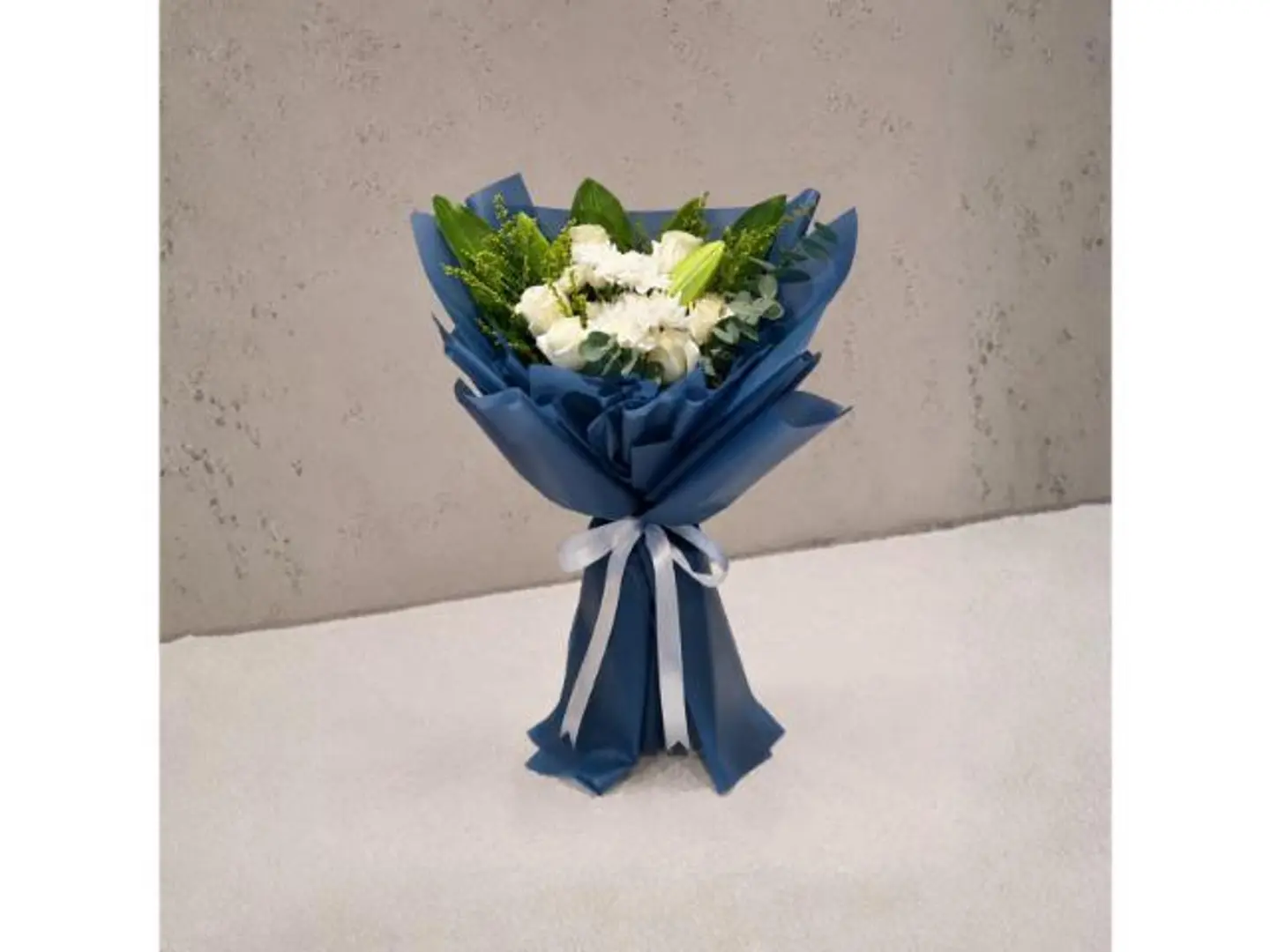 White Flower Bouquet With Blue Wrapping