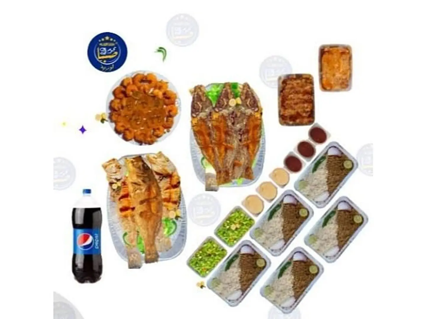 كيلو ونص هامور مقلي + كيلو ونص شعور مقلي + كيلو جمبري مقلي + خمسة رز مشكل + واحد مرسى كبير+واحد زبيدي عسل +اثنان سلطة خضار كبير +ثلاثه حمر+ ثلاثه طحينه +بيبسي عائلي