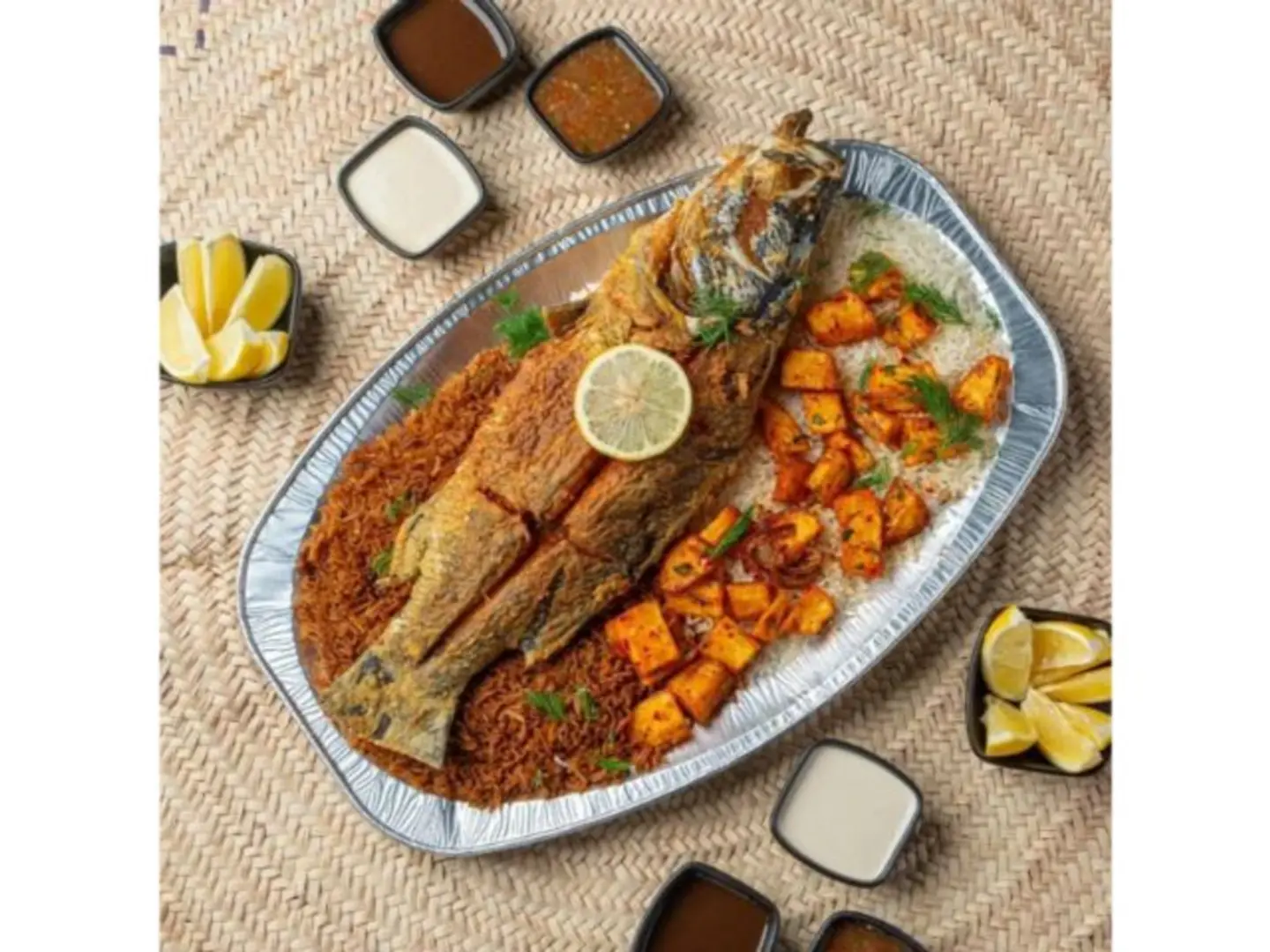وجبة قاروص طازج مقلي مع مشروب