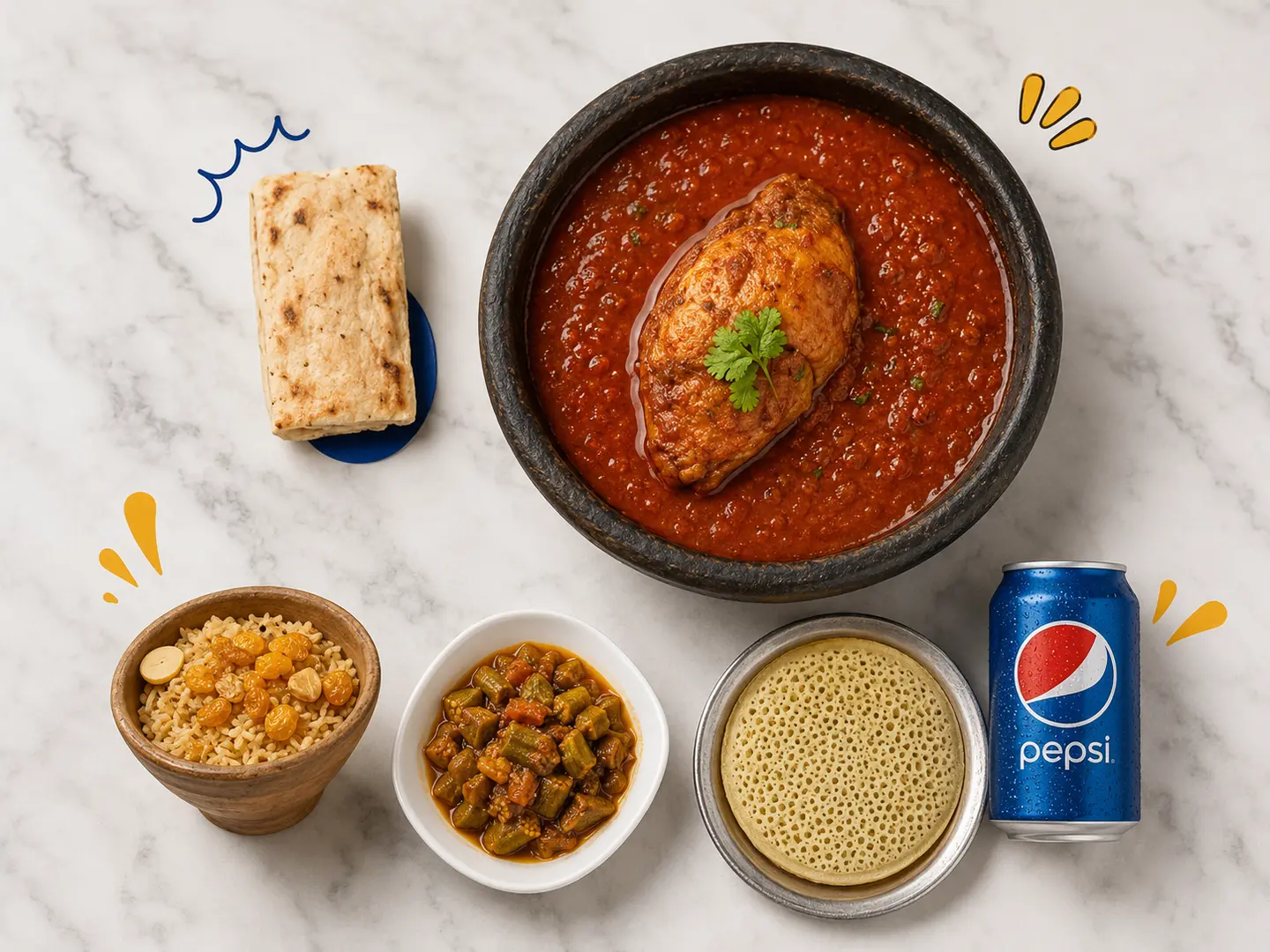 Dirak Fish Tagine + Broth Fatteh + Pepsi ((One Large Lahoh + Okra Stew + Fenugreek Free))