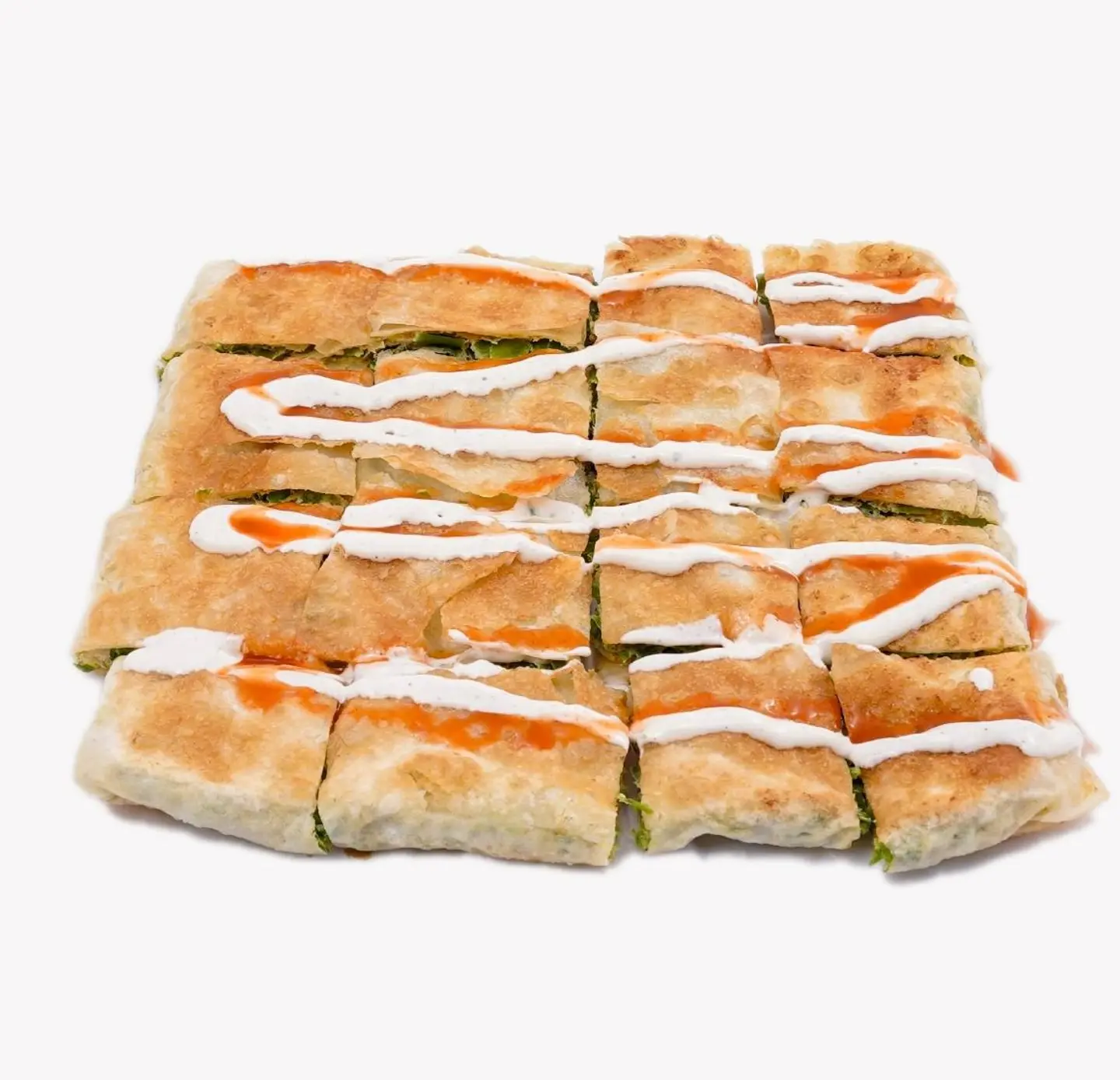 Vegetable Mutabbak, Ranch, Hot Sauce
