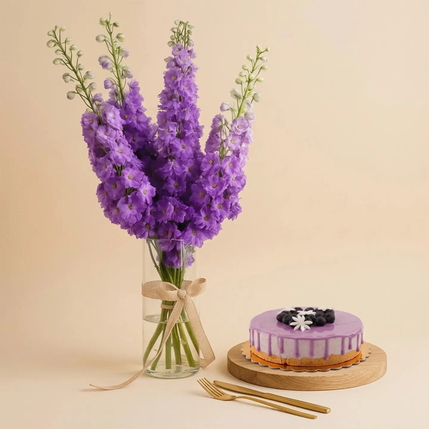 Blueberry Cheesecake With Delphinium Vase