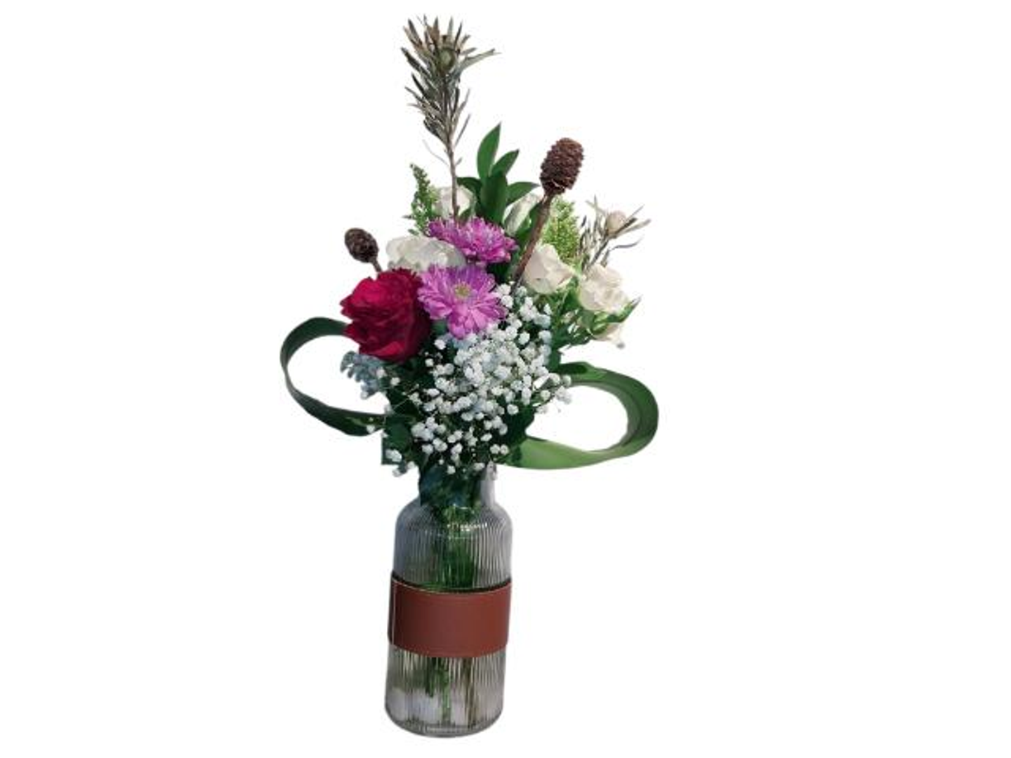 Cylindrical Vases Wrapped Brown Leather With Artifcial Flowers