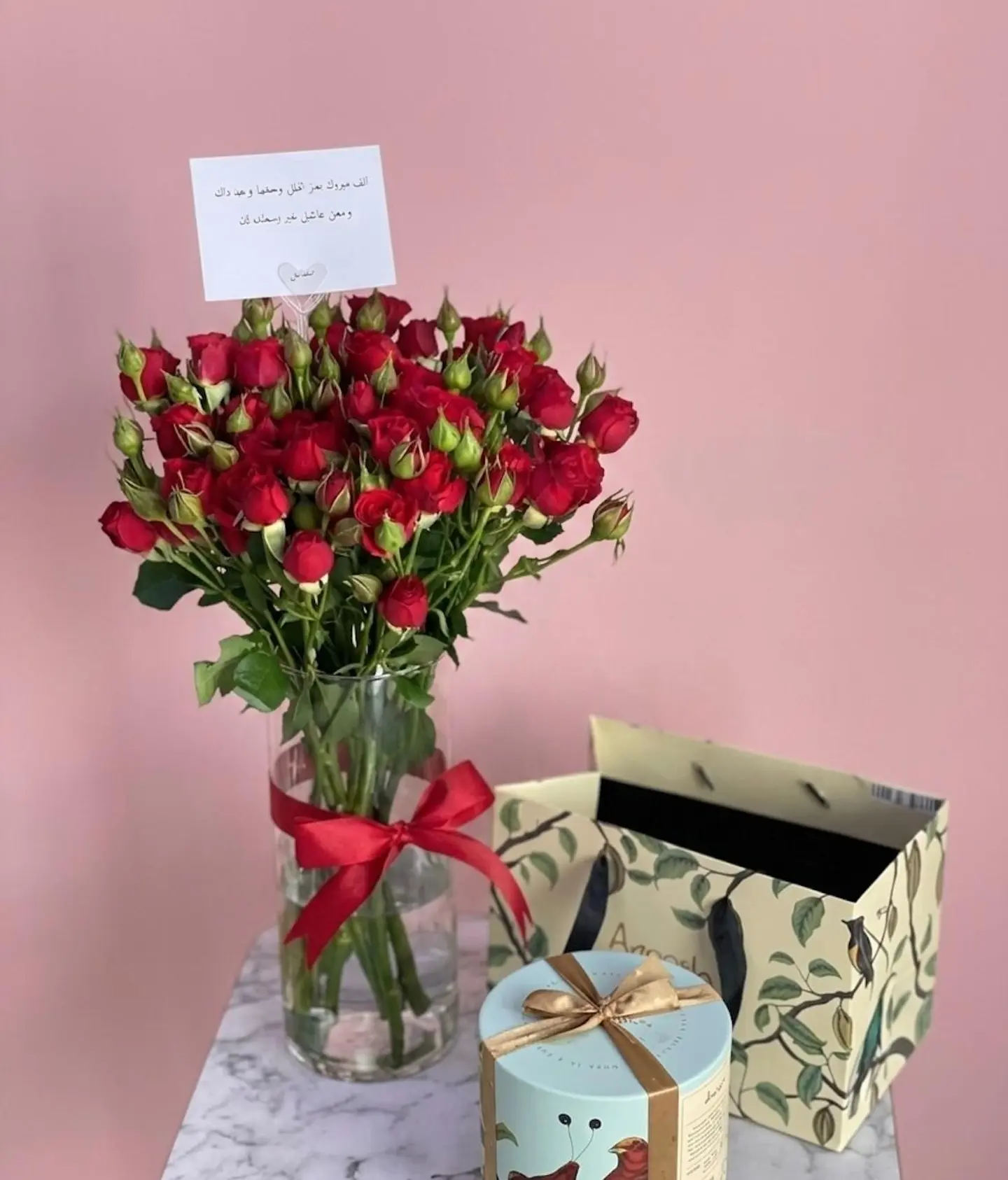 Red Baby Roses Glass Vase With Anoosh Chocolates