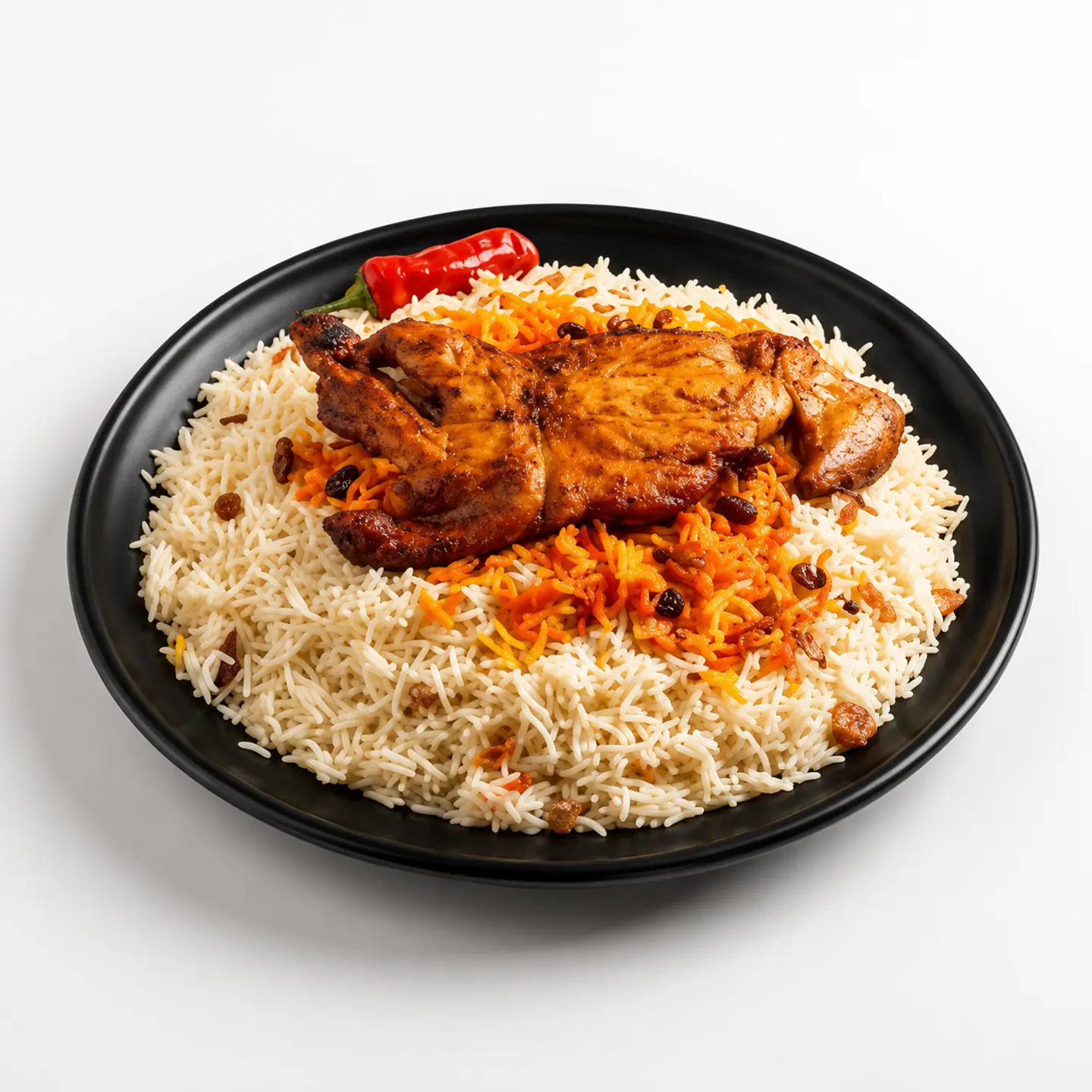 Half Wood Grilled Chicken Served With White Rice.