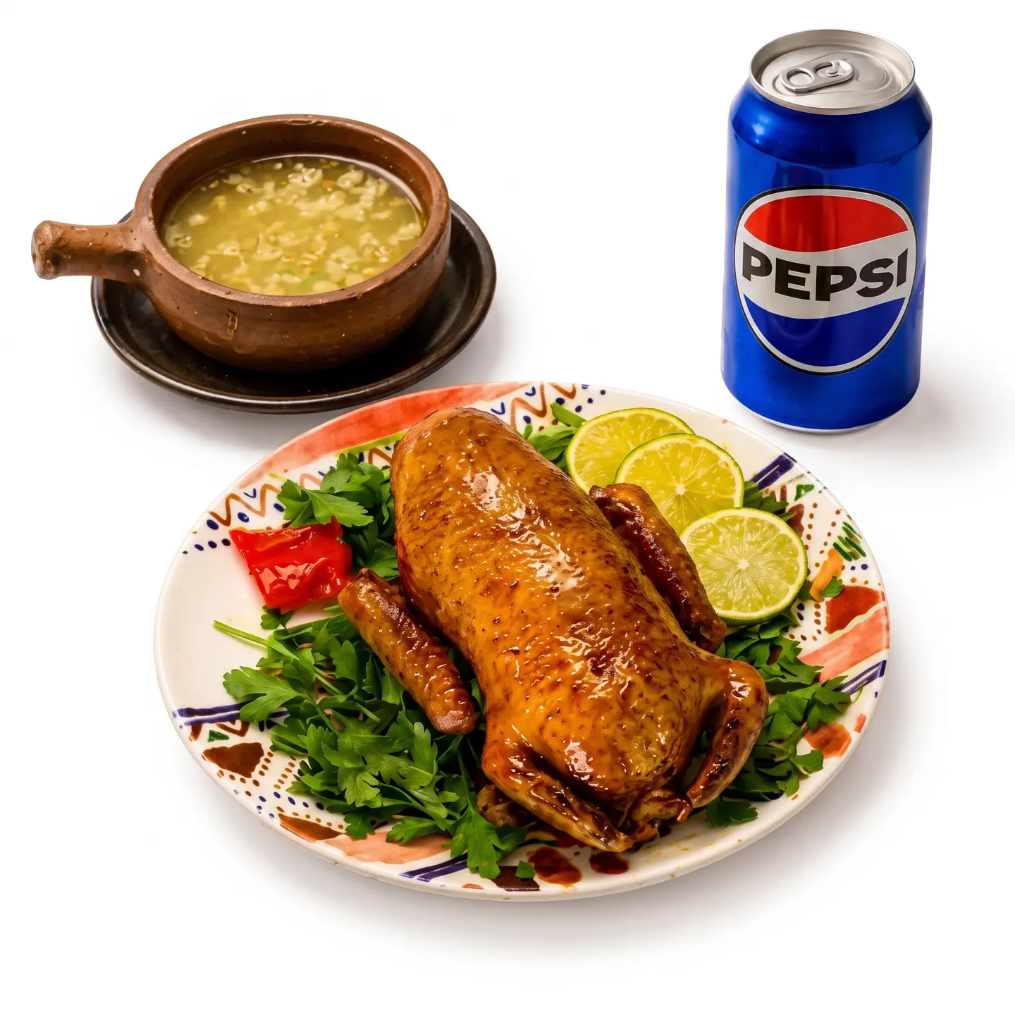 A Meal Of Pigeon With Rice And A Soft Drink