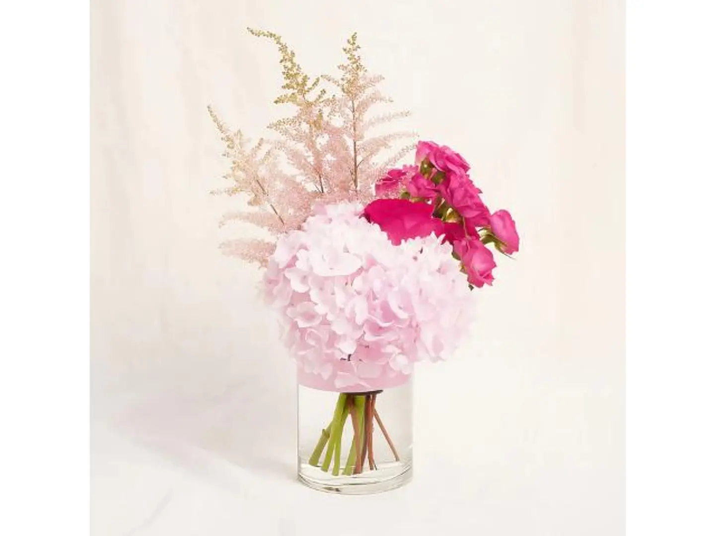 Hydrangea N Roses Flower Bouquet Glass Vase