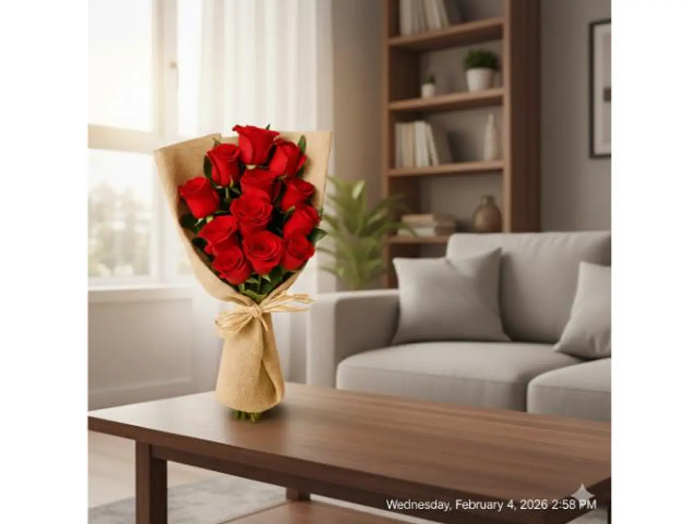 12 وردة حمراء مغلفة بغلاف أنيق من الجوت