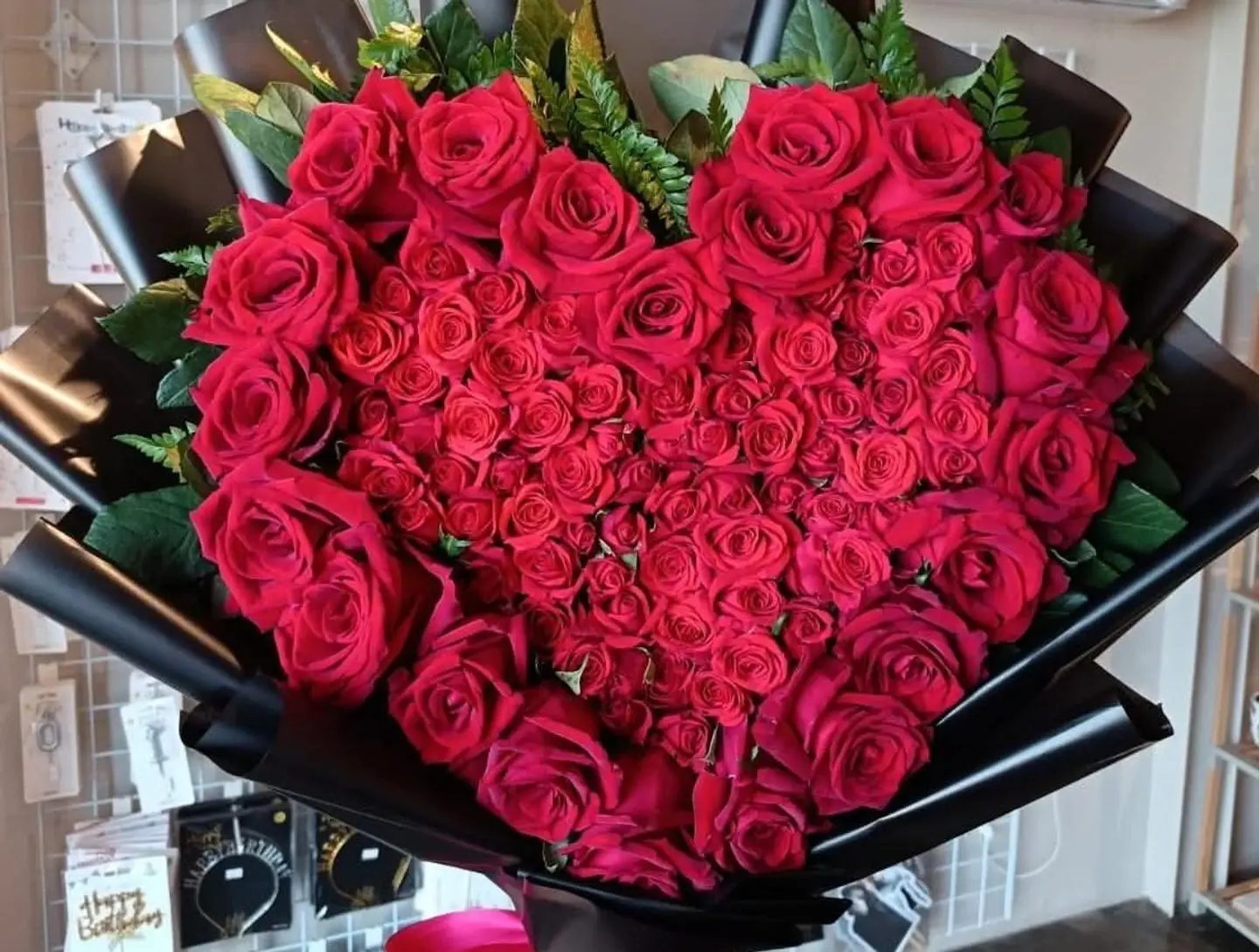 Red Rose Heart Bouquet With Black Wrapping