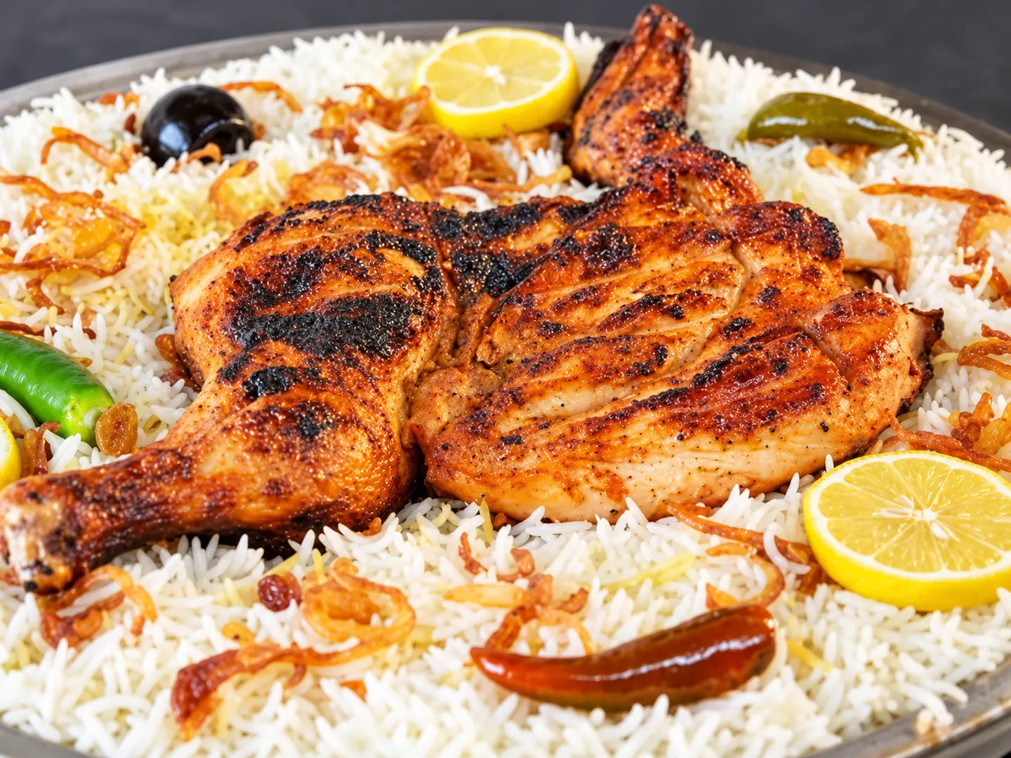 نصف دجاج فحم مع الرز