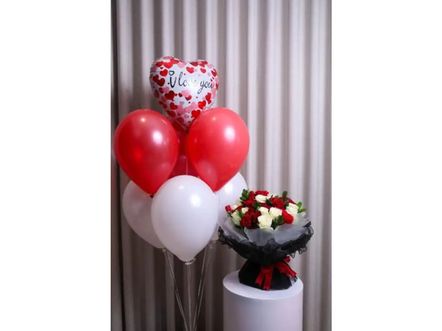 White And Red Rose Bouquet With Balloon