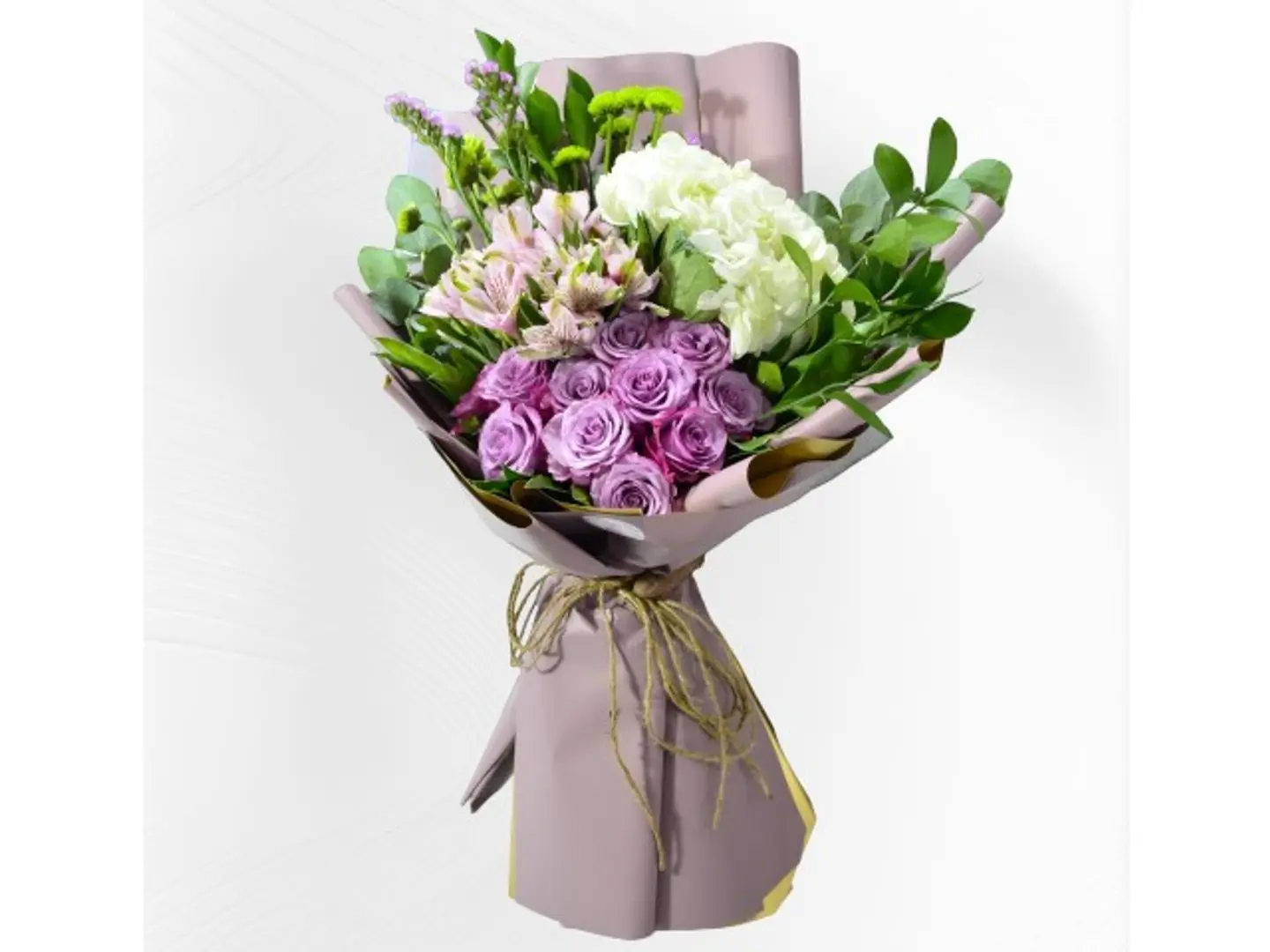 1016 Hand Bouquet Of 1 White Hydrangea ,10 Purple Roses,2 Pink Astramaria ,2 Green  Chrianthemum With Accessories
