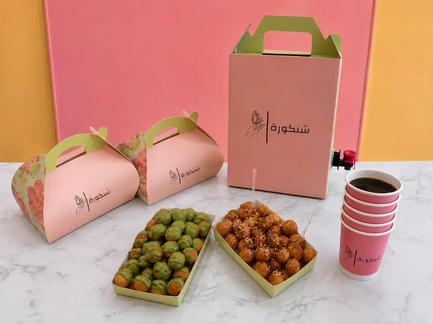 Offer: Black Coffee Box (5 Cups) With Two Medium Luqaimat Boxes (Pistachio & Classic)