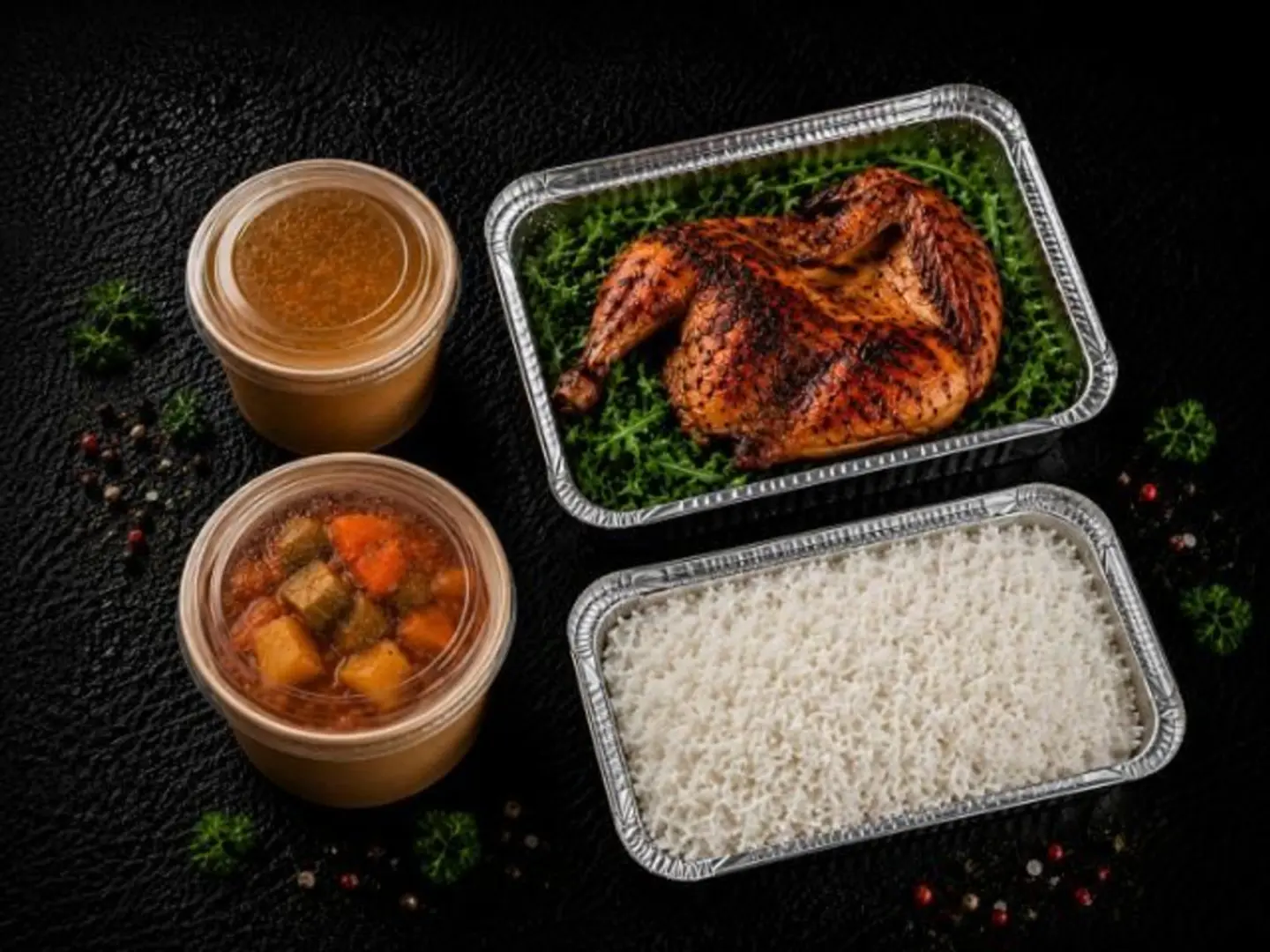 Half A Chicken Ovenbaked Meal With Rice, Vegetables, And Soup