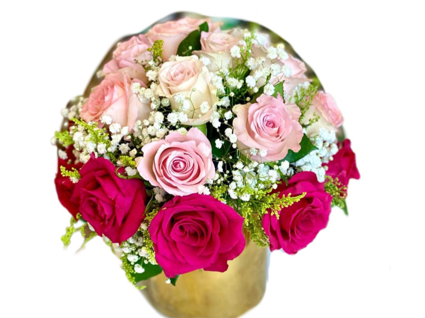 F16  Bouquet Glass 1 Rose Pink 15 Rose White 10 Gypsophila 2