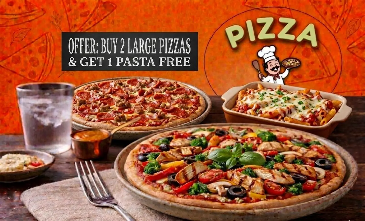 Buy 2 Large Pizza Get 1 Pasta Free