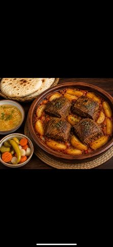 وجبة طاجن لحم بالبطاطس بالفرن أربع قطع + شوربة + خبز مصري + طرشي