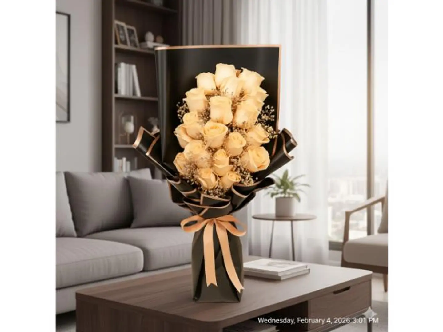 باقة من 20 وردة خوخية اللون مغلفة بغلاف أسود