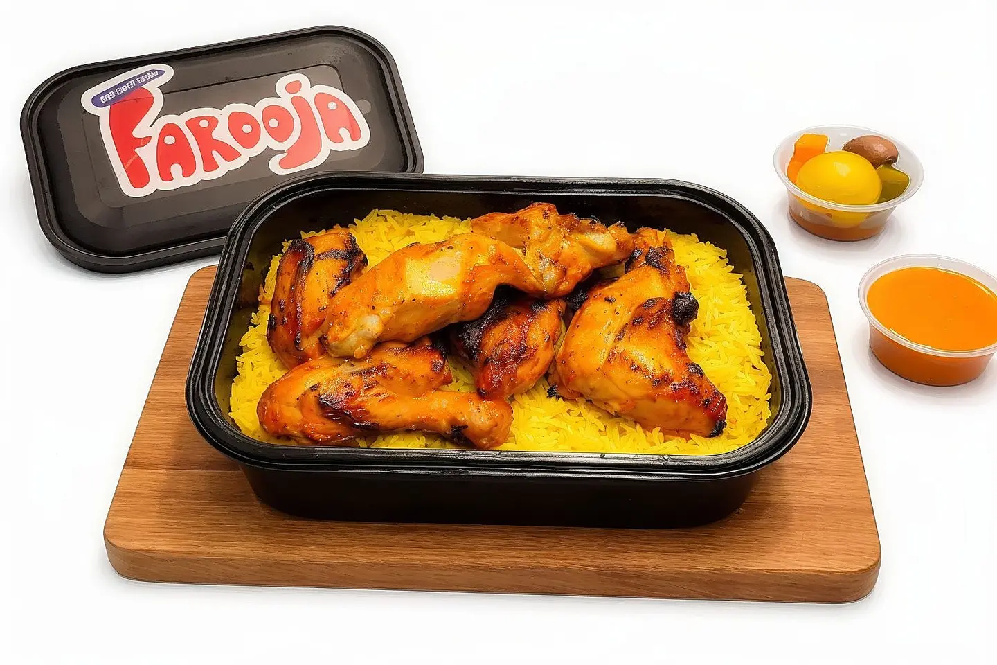 نصف دجاج مشوي على الفحم مع رز بسمتي