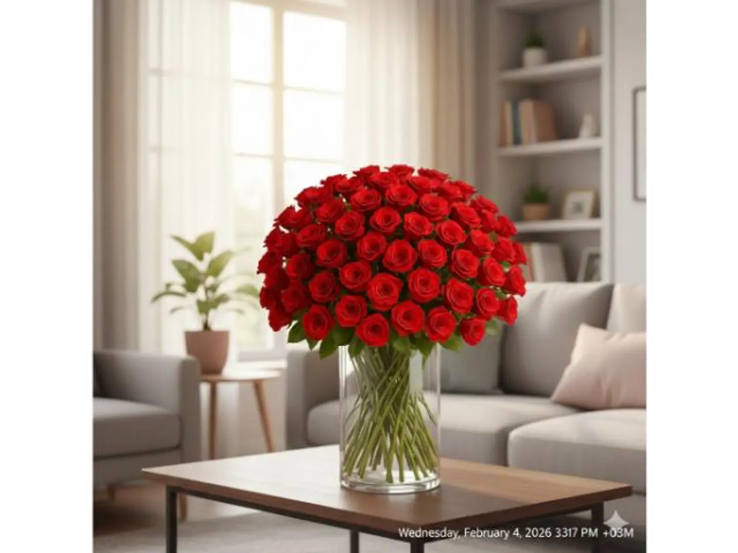 مزهرية زجاجية رائعة مزينة بـ 100 وردة حمراء