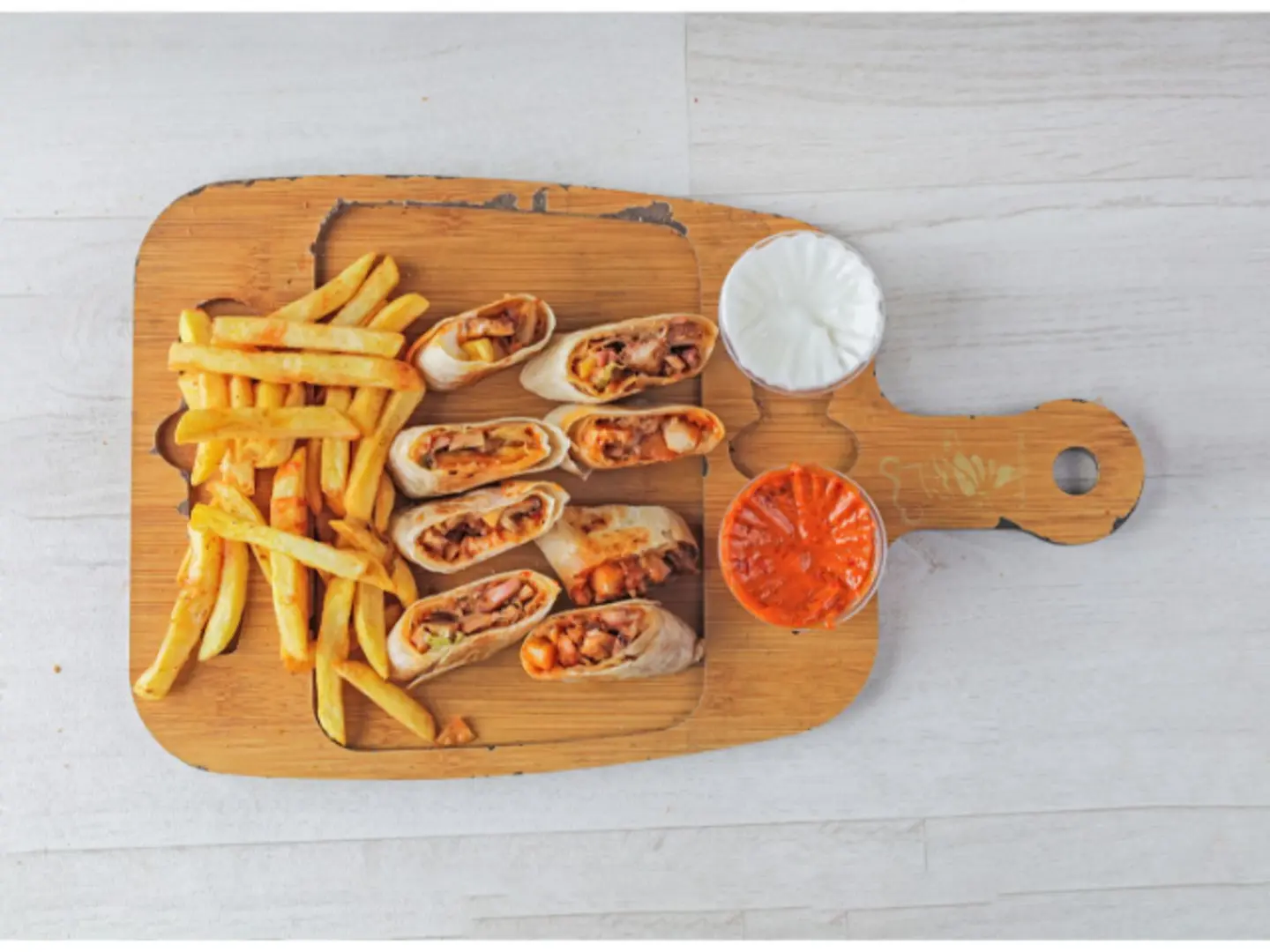 Shawarma Meal With Fries Pickles And Garlic