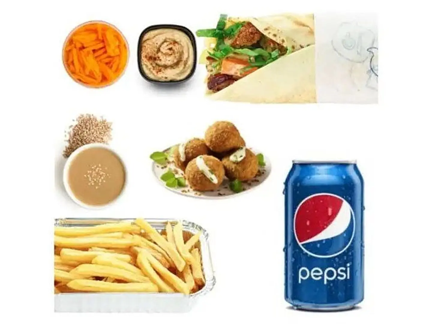 كومبو زيادة طعمية 1 ساندوتش طعمية 1بطاطا كبير 5 طعمية 1 صوص طحينه صغير 1 صوص حمص صغير 1 علبة مخلل صغير 1 مشروب