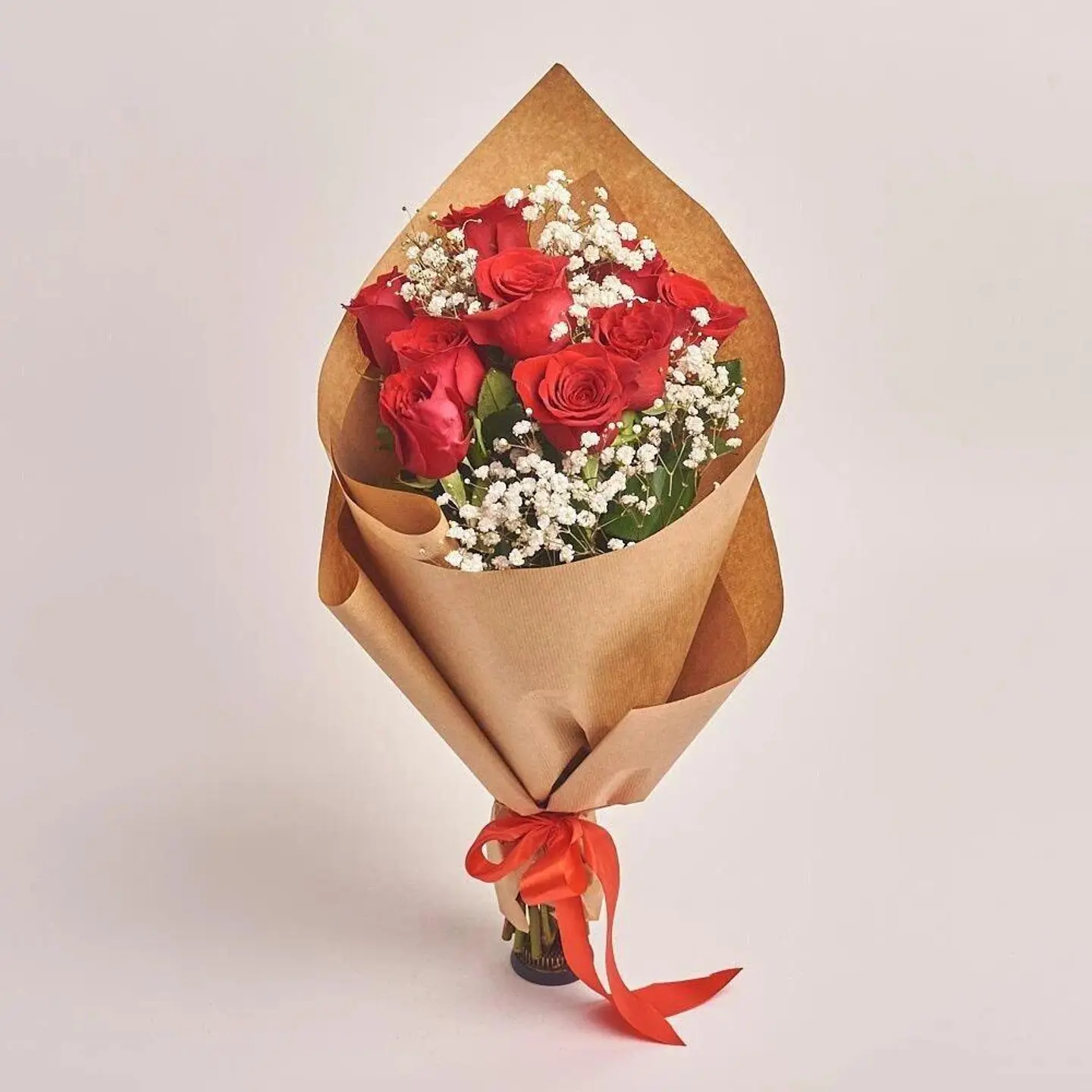 Red Roses Bouquet With White Gypsophila