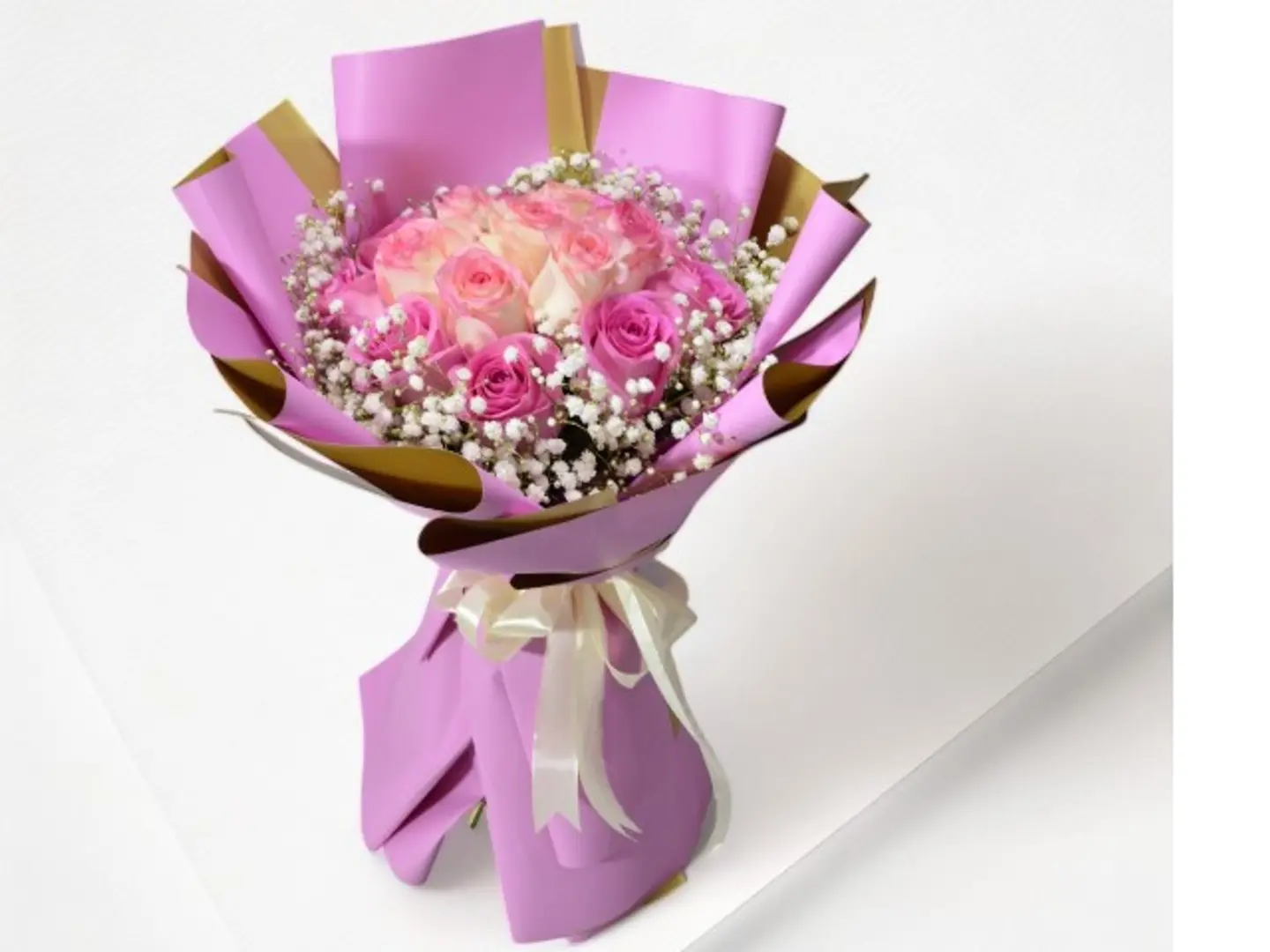 1010 Hand Bouquet Of 7 Light Pink Roses And 10 Dark Pink Roses With The Addition Of Gypsophila
