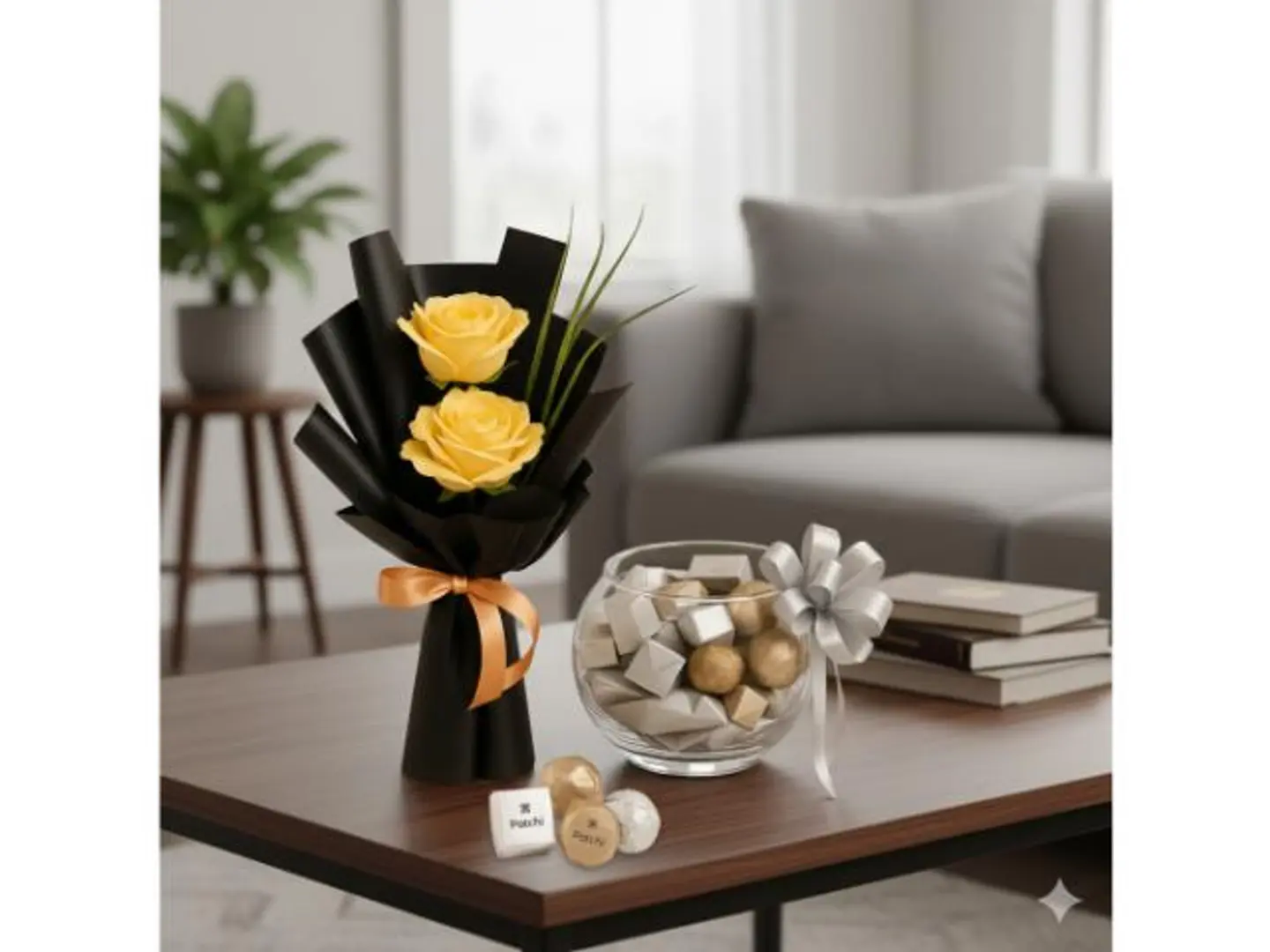 وعاء شوكولاتة باتشي وباقة زهور الورد الأصفر