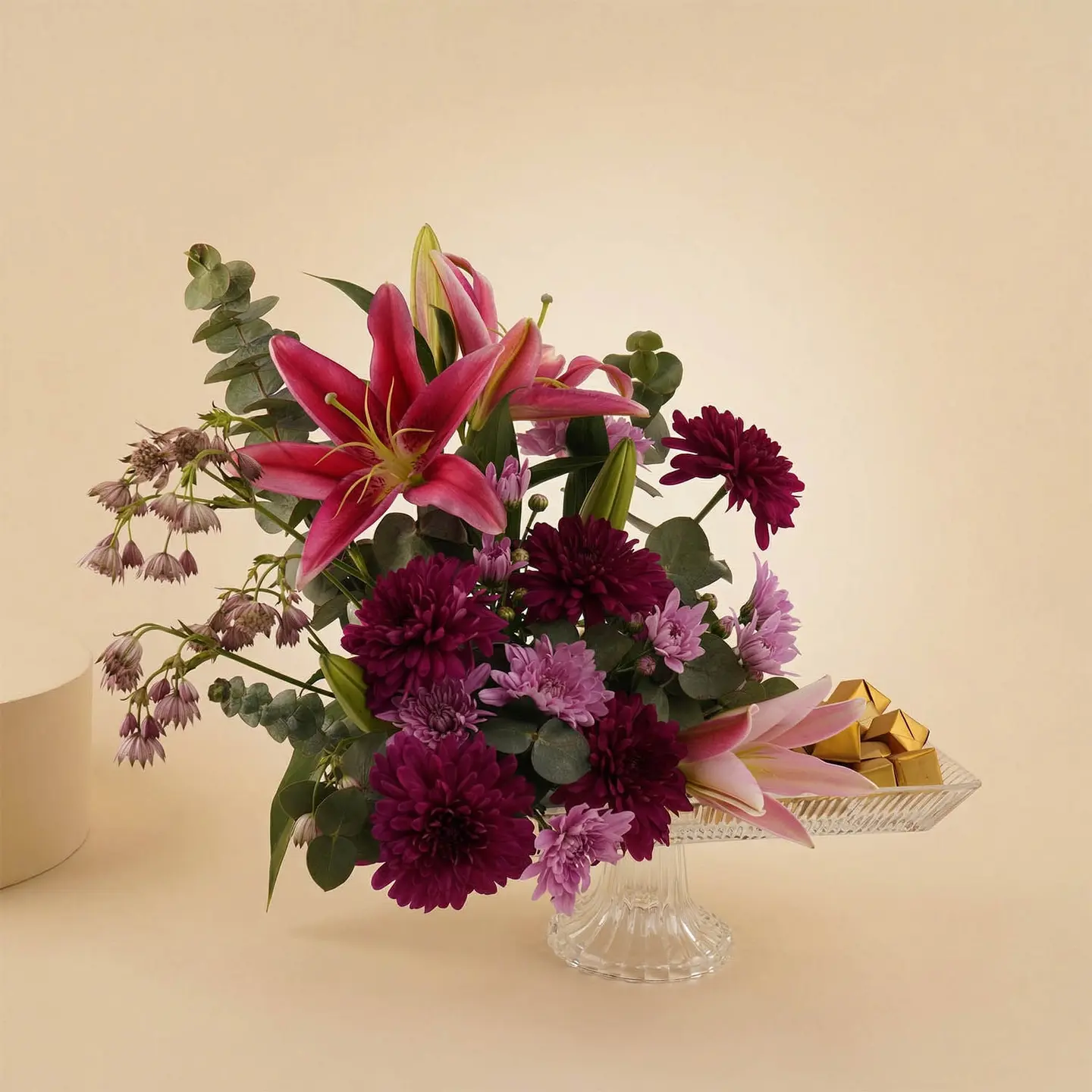 Flowers And Chocolates In A Crystal Dish
