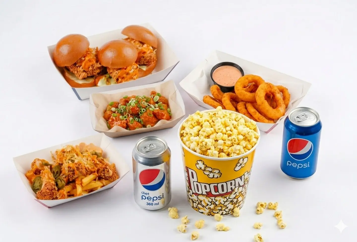 2 Soft Drinks Chicken Slider Dynamite Chicken Onion Rings Loaded Fries W/Chicken 1 Popcorn