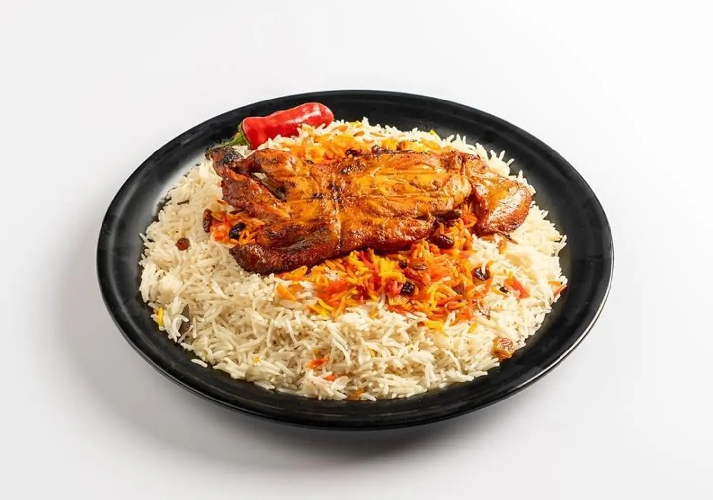 Half Charcoal Grilled Chicken Served With White Rice.