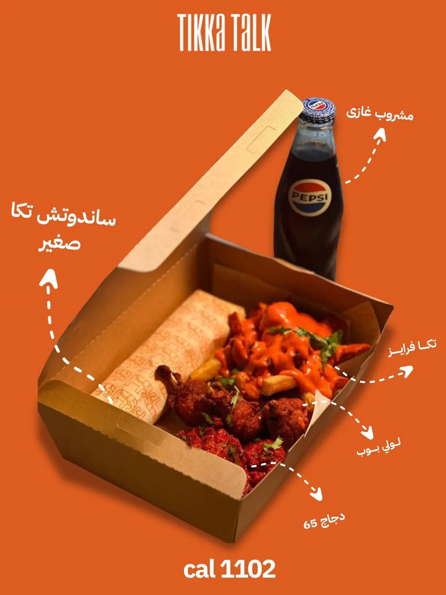 Small Tikka Sandwich With Lollipop, Tikka Fries, Chicken 65, And A Soft Drink