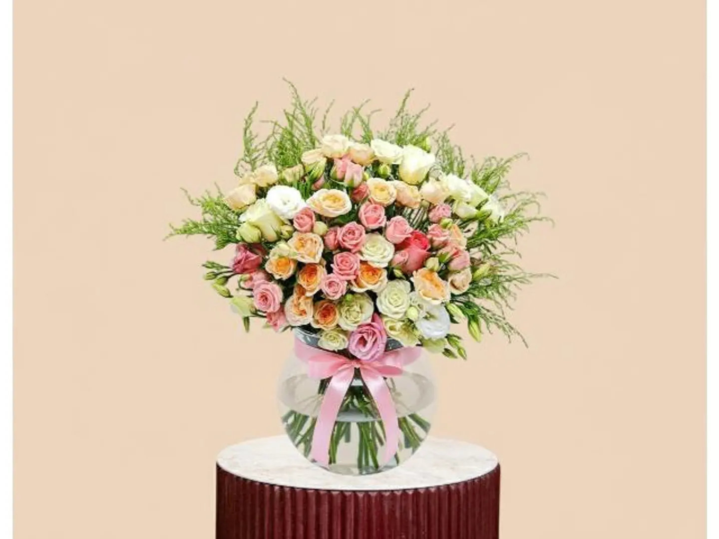 Colorful Baby Roses With White Eustoma Vase