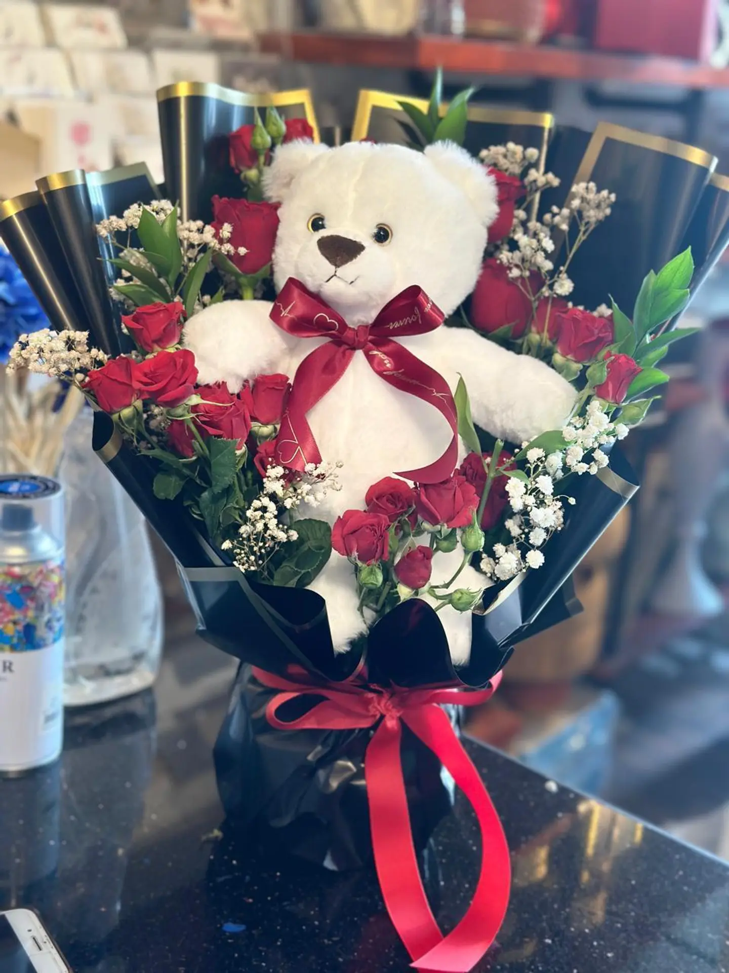 Red Baby Roses With White Teady Bear .Or Brown Teady Bear Is Availablty