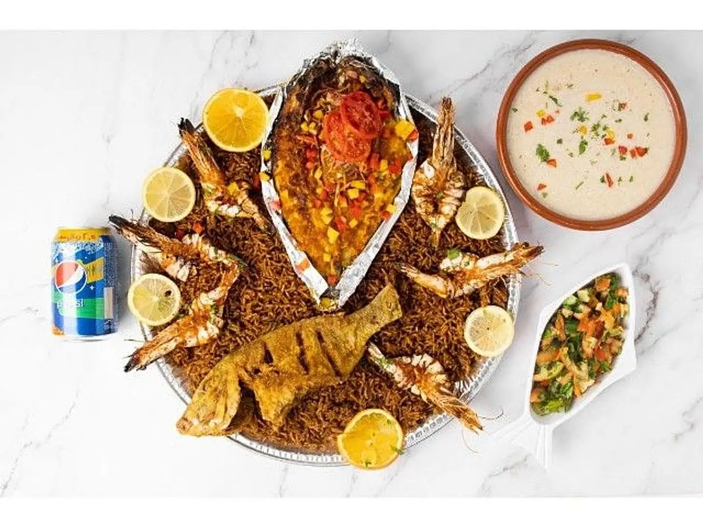 Sea Bream Meal With Fillet With Rice With Tahini And Spicy Salad