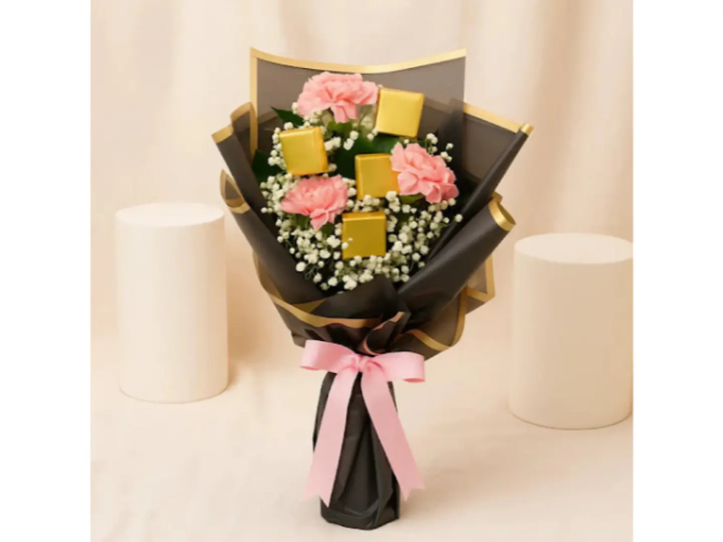 باقة القرنفل الوردي والشوكولاتة